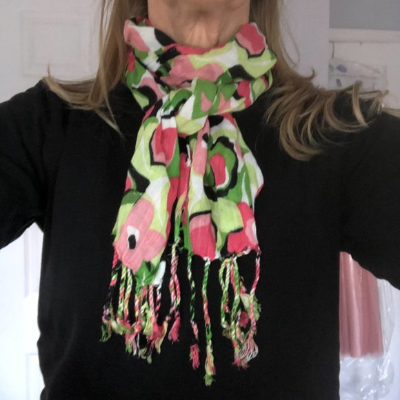 Lightweight floral fringe scarf in shades of pink, greens, black & white - Picture 2 of 6